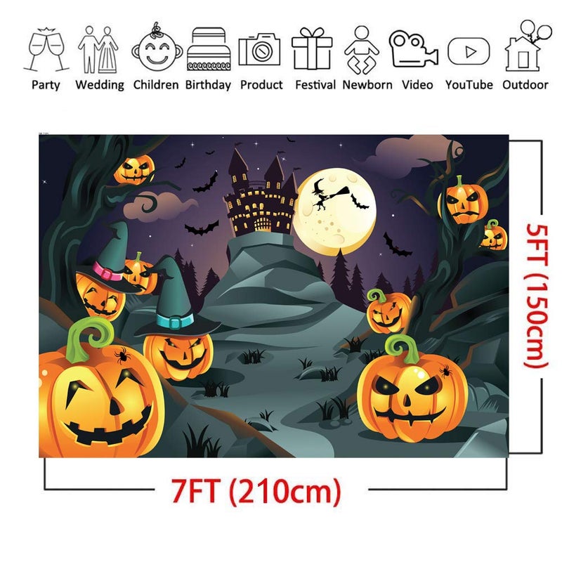CYLYH 7x5ft Halloween Themed Photography Backdrop Castle Pumpkin Head Bats Moonlight Background Halloween Party Banner - Image 3